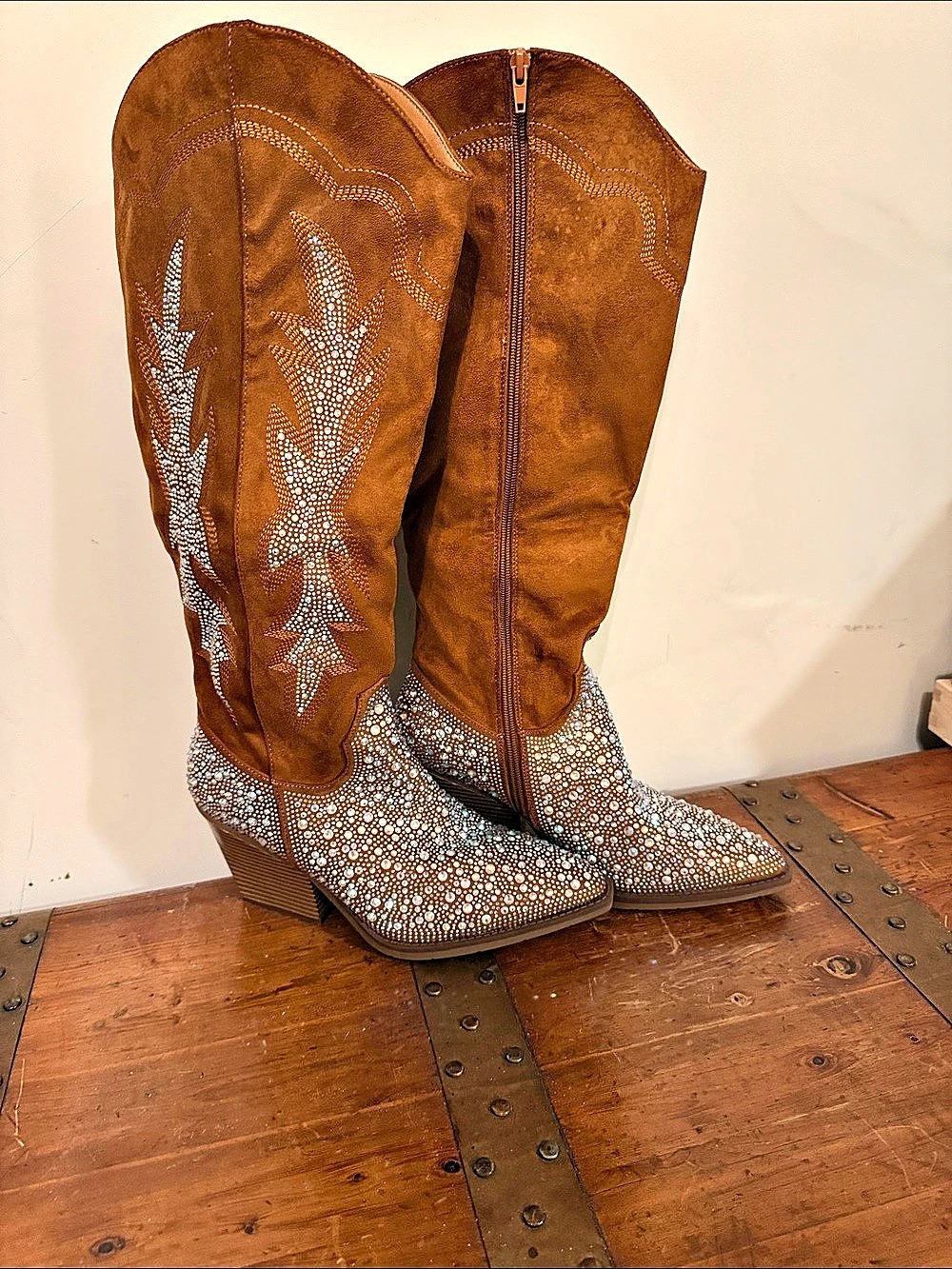 ROUGE Embellished Tall Boots in Brown & Rhinestones New